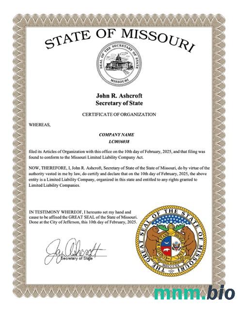 USA Missouri vcertyfikat of organization Word i szablon PDF